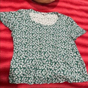 Lucky Brand Green and White Fitted Crew Neck Tee